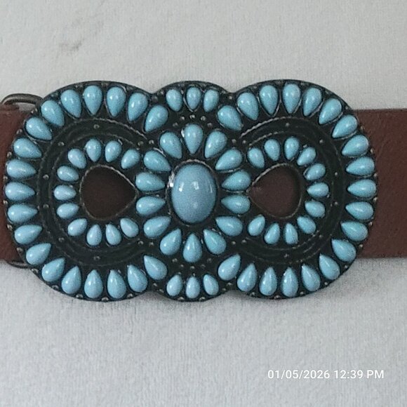 Western Concho Belt Vegan Leather Turquoise Beaded Brown Large - Picture 2 of 6